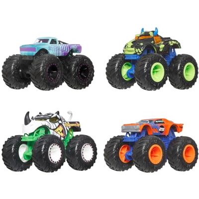 Hot Wheels Set 4 Monster Trucks, confezione da quattro veicoli in scala 1:64 con ruote giganti e design da urlo, ispirati ai personaggi della serie, 3+ anni, Hot Wheels Set 4 Monster Trucks, confezione da quattro veicoli in scala 1:64 con ruote giganti e design da urlo, ispirati ai personaggi della serie, 3+ anni,