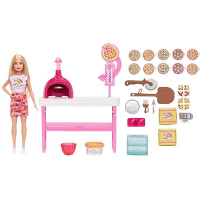 Barbie Pizzeria, set con bambola bionda e 25 accessori a tema pizza tra cui teglia, tagliapizza e ingredienti oltre alla cassa e le scatole per la consegna, Barbie Pizzeria, set con bambola bionda e 25 accessori a tema pizza tra cui teglia, tagliapizza e ingredienti oltre alla cassa e le scatole per la consegna,