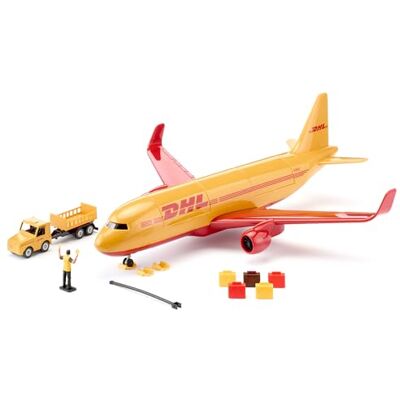 Siku 1702, Aereo Cargo DHL in plastica con Accessori, Rosso/Giallo, Modello Giocattolo, Incl. Carrello Portabagagli, Barra di Traino, Blocchi Freno e Controllore del Traffico Aereo Siku 1702, Aereo Cargo DHL in plastica con Accessori, Rosso/Giallo, Modello Giocattolo, Incl. Carrello Portabagagli, Barra di Traino, Blocchi Freno e Controllore del Traffico Aereo