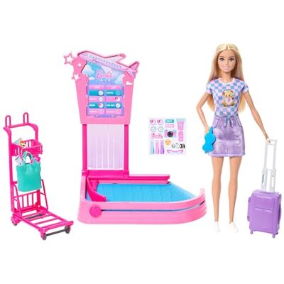 Barbie Ritiro Bagagli, set con bambola bionda Malibu Avventure Senza Limiti e area ritiro bagagli in aeroporto con accessori a tema, nastro trasportatore, valigie e carrello, Barbie Ritiro Bagagli, set con bambola bionda Malibu Avventure Senza Limiti e area ritiro bagagli in aeroporto con accessori a tema, nastro trasportatore, valigie e carrello,
