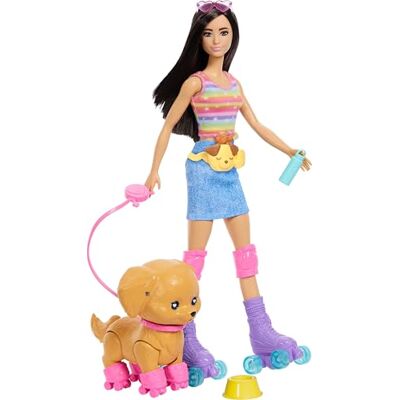 Barbie Cucciolo sui pattini, set con bambola dai capelli castani e cucciolo, guinzaglio e pattini coordinati, include occhiali da sole e accessori per animali, Barbie Cucciolo sui pattini, set con bambola dai capelli castani e cucciolo, guinzaglio e pattini coordinati, include occhiali da sole e accessori per animali,