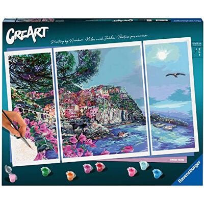 Ravensburger CreArt Trittico, Le Cinque Terre, Italia, Kit per Dipingere con i Numeri, Contiene 3 Tavole Prestampate, Pennello, Colori e Accessori, Gioco Creativo e Relax per Adulti 14+ Anni Ravensburger CreArt Trittico, Le Cinque Terre, Italia, Kit per Dipingere con i Numeri, Contiene 3 Tavole Prestampate, Pennello, Colori e Accessori, Gioco Creativo e Relax per Adulti 14+ Anni