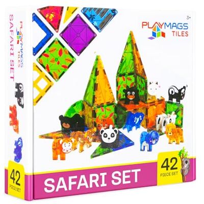 Playmags Set di 42 tessere magnetiche a tema safari con animali Blocchi da costruzione impilabili per bambini Giocattolo educativo STEM con figure di animali della giungla Playmags Set di 42 tessere magnetiche a tema safari con animali Blocchi da costruzione impilabili per bambini Giocattolo educativo STEM con figure di animali della giungla