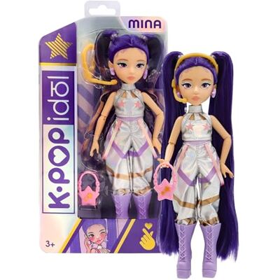 K-POP IDOL Bambola Mina Bambole alla moda Stile K-Pop Starlight, capelli viola con codini. 3 accessori per creare outfit Età 3+ K-POP IDOL Bambola Mina Bambole alla moda Stile K-Pop Starlight, capelli viola con codini. 3 accessori per creare outfit Età 3+