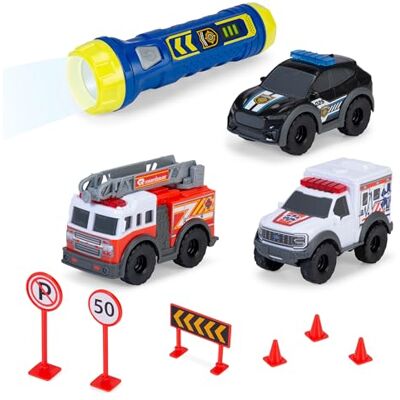 Dickie Toys Micro SOS Set auto giocattolo – 3 auto con ruota libera (polizia, vigili del fuoco e ambulanza) con torcia e accessori per il gioco, giocattolo auto per bambini dai 3 anni in su Dickie Toys Micro SOS Set auto giocattolo – 3 auto con ruota libera (polizia, vigili del fuoco e ambulanza) con torcia e accessori per il gioco, giocattolo auto per bambini dai 3 anni in su