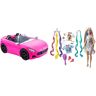 Barbie Cabrio Veicolo Decapottabile Rosa a Due Posti con Ruote Funzionanti e Dettagli Realistici, HBT92 & Bambola Capelli Fantasia A Tema Unicorni E Sirene con Accessori, GHN04