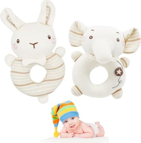 FenFang Sonaglio Neonato, 2 Pezzi Giocattoli Sonagli Neonati 0 3 6 9 Mesi, Giochi Sensoriali Bambini 1 Anno, Morbido Giocattolo da Afferrare Cotone, Gioco Motorio Regalo Neonato, Elefante e Coniglio