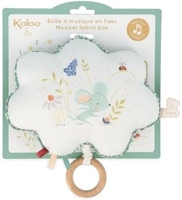 KALOO Petites Chansons Carillon in Legno e Tessuto Cuscino Musicale 15 cm Ninnananna "Une Souris Verte" Cuscino Sensoriale Neonato Verde e Bianco Dalla Nascita,