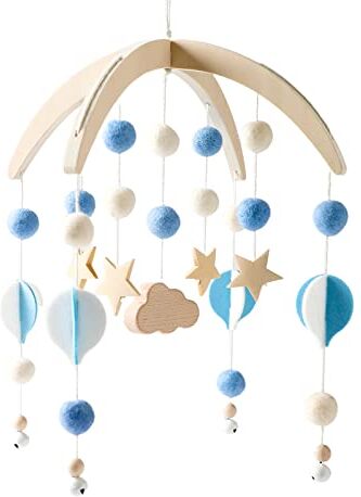 Youuys Giostrina Culla Neonato in Legno con Palline di Feltro, Stelle Culla Mobile Neonato, Baby Campanelli Eolici Culla Mobile, Decorazioni per Cameretta, Regalo per Neonato 0+ Mesi (Blu)