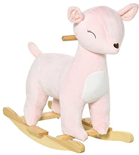 Homcom Cavallo a Dondolo per Bambini 36-72 Mesi, Gioco Cavalcabile per Bambini a Forma di Cervo con Suoni in Peluche Rosa, 68x35.5x64cm