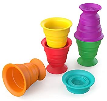 Baby Einstein , Stack & Squish Cups, 6 ventose impilabili, giocattolo educativi e multisensoriale per spiaggia, al bagno e giochi a terra, 6pz, per età dai 3 mesi in su