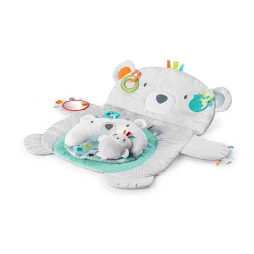 Bright Starts , Tappeto attività per bambini Tummy Time Prop & Play con cuscino di supporto e taggies Orso Polare 35 x 29,5 pollici, dal neonato in su