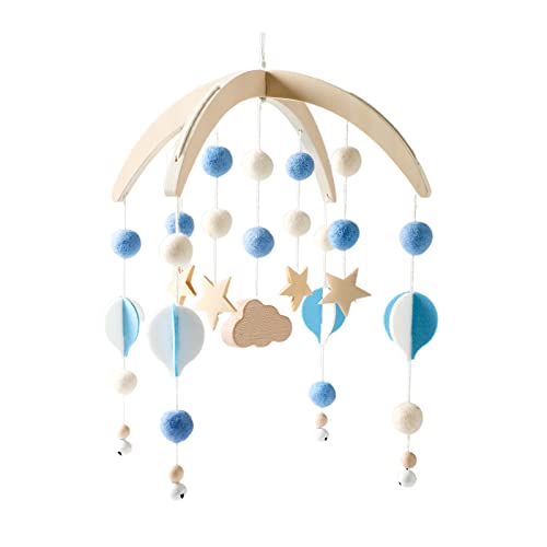 Promise Mobile Baby Wind Chimes Felt Balls Moon Stars Mobile Mongolfiera in legno Baby Boys Girls Bed Bell Ciondolo da appendere Crib Star Moon Hot Air Balloon Mobile Blue Windpspiel Bedbell Deco