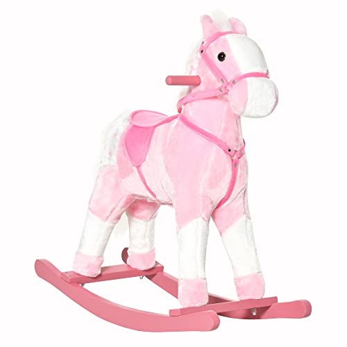 HOMCOM Cavallo a Dondolo in Legno con Suono Animale Regalo Giocattolo per i Bambini 74 x 28 x 65cm Rosa