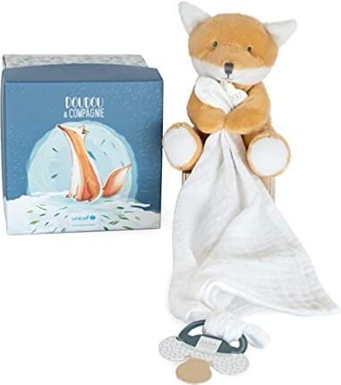 Doudou et Compagnie Collezione UNICEF Fermaglio per ciuccio volpe Appendere tettarella 12 cm Arancione Regalo di nascita per bambine e ragazzi Garanzia perduta -Bambino e Me