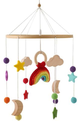 LICHENGTAI Giostrina Culla Neonato in Legno con Palline di Feltro, Razzo e Arcobaleno, Campanello per Culla Cameretta Giocattoli da Appendere per Culla Decorazione e Cameretta