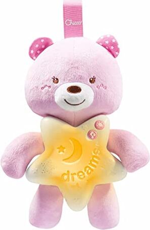 Chicco First Dreams Bear Panel, Morbido Pupazzo a Forma di Orsetto da Appendere al Letto o Culla con Melodie Rilassanti e Luce Notturna, Rosa, 0+ Mesi