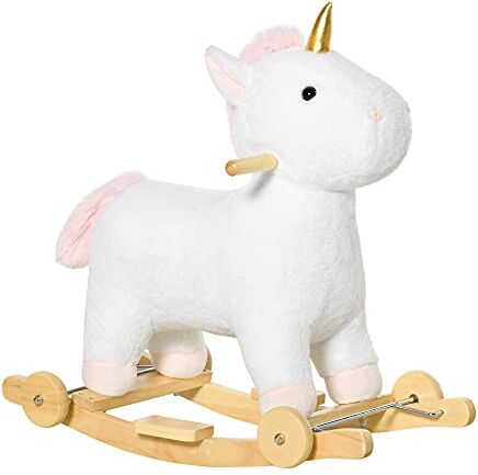 HOMCOM Cavallo a Dondolo 2 in 1 a Unicorno con Base Curva e Ruote, Suoni Integrati e Rivestimento Peluche, 63x38x63cm, Bianco