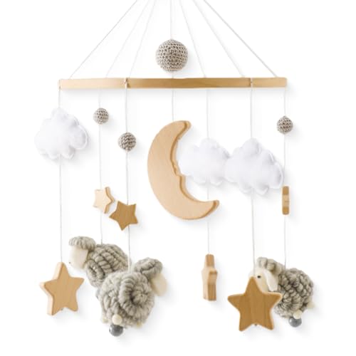 Promise Baby Mobile in legno Pecora Baby Wind Chimes in legno Stella Luna Baby Boy Girl Mobile Baby Cot Changing Table legno Feltro uncinetto Nuvole Letto Campana Ciondolo Pecora Letto Campana