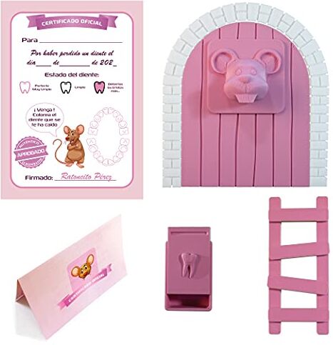 MFS MYFUTURSHOP Myfuturshop® Raton Perez, porta magica, scatola per il dente, scala, 4 certificati di dente pulito, regalo originale per bambino e ragazza, rosa