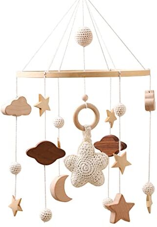 Promise Mobile Baby Wind Chimes con Nuvole Luna Stelle Mobile fatto a mano in legno all'uncinetto Baby Girl Bed Bell Ciondolo da appendere per culla Baby Bed Star Moon Clouds Mobile Moon Stars