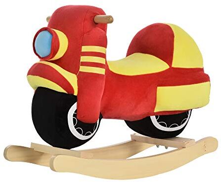 HOMCOM Dondolo per Bambini 18-36 Mesi a Forma di Moto in Legno e Peluche Rosso e Giallo, Suoni Realistici, Max. 40kg