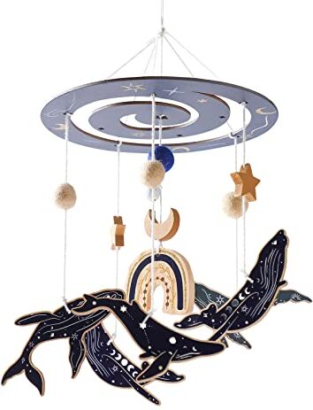 Promise Baby Mobile Moon Stars Wind Chimes con palline di feltro, Baby Room Animals Dolphins Whales Wood Crochet Mobile Newborn Boy Girl Bed Bell Pendant Crib Changing Table Deco Osean Mobile