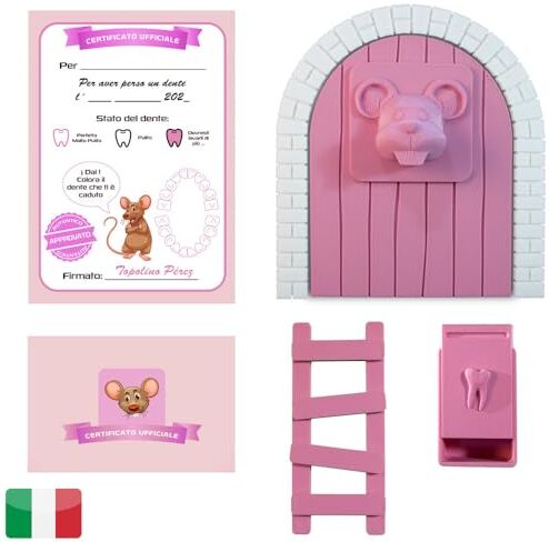 MFS MYFUTURSHOP Myfuturshop® Topolino Perez Porta Magica, Scatola per Dente, Scala, 4 certificati di Dente Pulito. Regalo originale per ragazzo e ragazza. VERSIONE ITALIANA (ROSA)