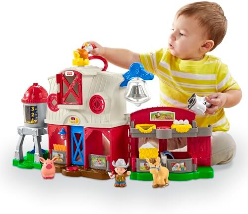 Fisher Price Little People Fattoria degli Animali Felici Edizione multilingue, playset interattivo con apprendimento Smart Stages, giocattolo per bambini 1+ Anni,