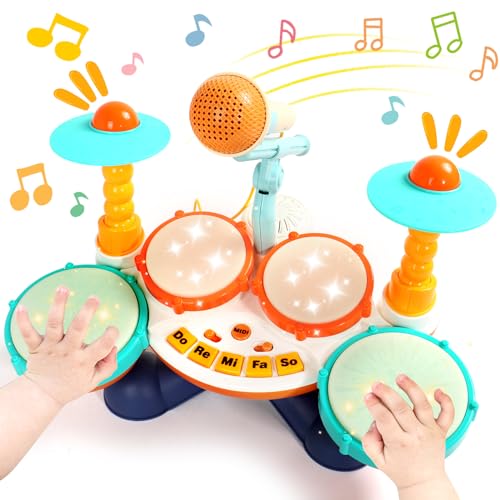 Akokie Giochi Bambini 1 Anno Tamburo Giocattoli Bambino 1 Anno Strumenti Musicali Batteria Bambini Suono Luce giochi educativi Regalo Bambino bimbo 1 2 3 Anno Maschio Ragazza (blu)