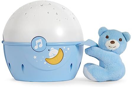 Chicco Next2Stars Luce Notturna per Bambini con Pupazzo Proiettore Stelle Soffitto per Culla e Lettino Neonati, con Sensore Sonoro, 3 Effetti Luminosi e Musica 0+ Mesi, Blu