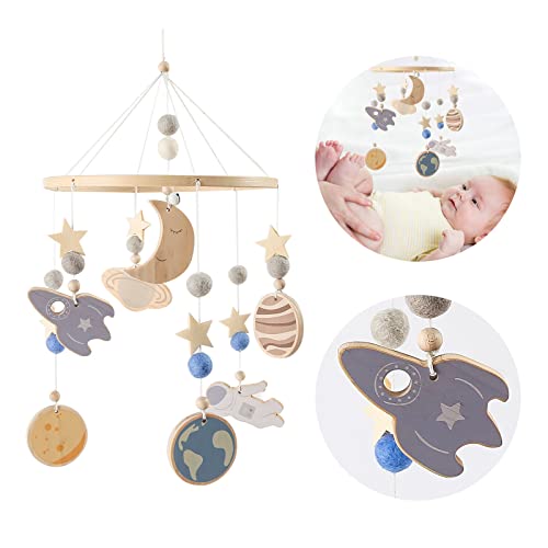 Promise Mobile Baby Wood con Feltro Balls Baby Room Letto Appeso Campana Luna Star Planet Crocheted Feltro Mobile Wind Play Baby Boys Girl Lettino Lettino Baby Bed Star Moon Planet Mobile
