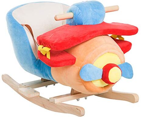 HOMCOM Cavallo a Dondolo a Forma di Aeroplano per Bambini di Età Superiore a 18 Mesi, Cacalluccio a Dondolo con Musica Incorporata in Legno Alamo, Max:60kg 60x33x45cm