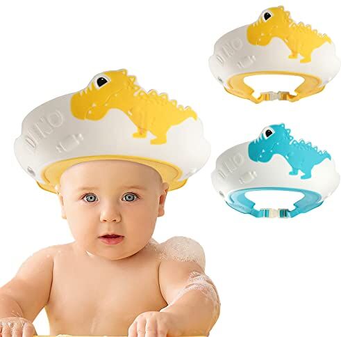 FUNUPUP Cappello Doccia Bambini, 2 pezzi Visiera Doccia Bambini Cuffia Doccia Bambina Regolabile in Morbido Silicone(Dinosauro)