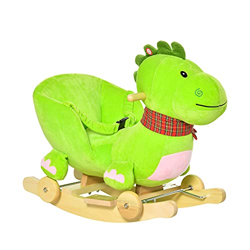 HOMCOM Cavallo a Dondolo con Ruote, Cavalluccio a Dondolo a Forma di Drago per Bambini 18-36 Mesi, in Legno e Peluche Verde