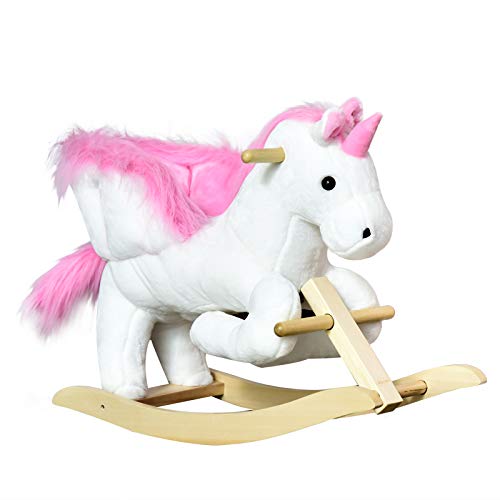 HOMCOM Cavallo a Dondolo a Forma di Unicorno con Musica, Struttura in Metallo e Legno, Rivestimento Peluche, 65x32x55cm, Bianco Rosa