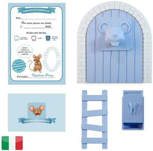 MFS MYFUTURSHOP Myfuturshop® Topolino Perez Porta Magica, Scatola per Dente, Scala, 4 certificati di Dente Pulito. Regalo originale per ragazzo e ragazza. VERSIONE ITALIANA (BLU)