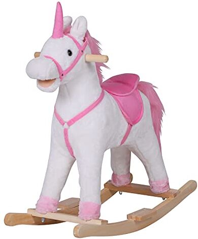 HOMCOM Cavallo a Dondolo in Legno Unicorno Giocattolo Cavalcabile Bambini Peluche 78 × 28 × 68cm Rosa