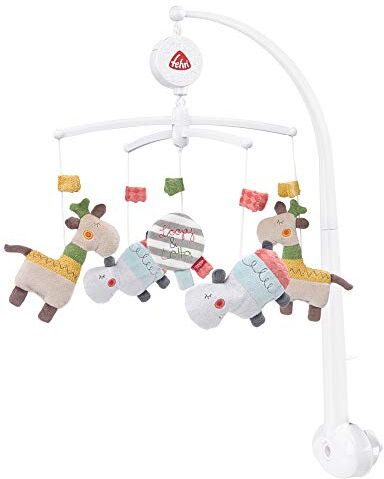 Fehn Giostrina musicale Loopy & Lotta, carillon con dolce melodia “Brahms Wiegenlied” e elementi morbidi, da agganciare, per i neonati da 0-5 mesi, dimensioni: 40 cm Altezza: 65 cm