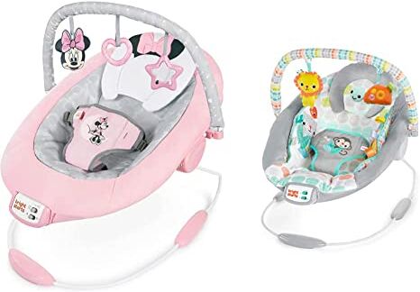 Bright Starts Disney Baby 12206 Sdraietta Minnie Rosy Skies, Arco Giochi Con Tre Giocattoli, Grigio Rosa, ‎58.42 x 48.26 x 58.42 cm; 1.44 Kg & 11805 Sdraietta con vibrazioni e melodie