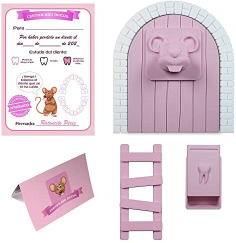 mfs Myfuturshop® Mouse Pérez Porta magica + Scatola per il Dente + Scala + 4 certificati di Dente Pulizio. Regalo originale per bambini e bambina. (rosa PASTEL)