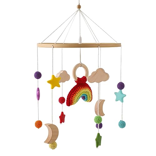 Promise Mobile Baby Rainbow Wood, Baby Crib Hanging Baby Mobile in legno Star Moon Clouds Bed Bell palline feltro all'uncinetto Silicone Stars Pendant Newborn Boy Gil Changing Table Wind Chime