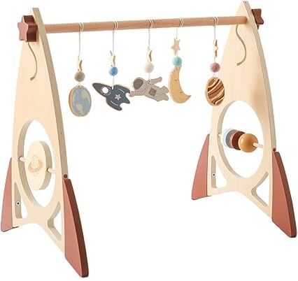 Promise Baby Rocket Design Wooden Play Gym Star Moon Pendants arco gioco neonati legno,razzo arco gioco bambini legno astronauta ciondolo afferrare lateralmente giocattolo legno haha specchio