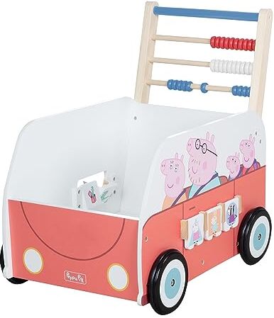 roba Carrello Giocattolo a Spinta Bully Peppa Pig con Abaco e Ruote per Imparare a Camminare Primi Passi Regalo Compleanno, Natale, Pasqua Legno Laccato Bianco/Rosa