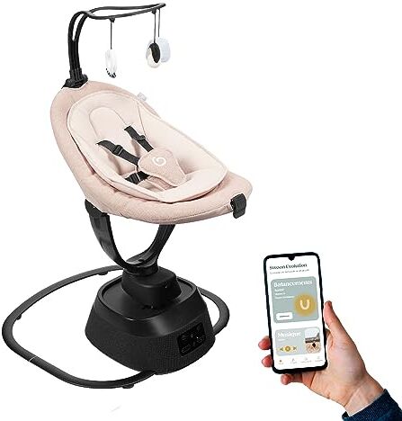 Babymoov Altalena per bambini elettrica Swoon Evolution Mocca- Connessa con applicazione mobile Streaming musicale, registrazione di voci e ninnenanne personalizzate Riduttore per neonato incluso