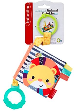 Infantino Multicoloured Fabric Crinkle Book Scrunching Page Sounds, Round Teether, Squeaker, Animal Themed Ages 6 Months +