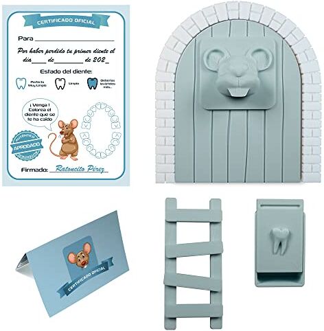 mfs Myfuturshop® Topolino Pérez porta magica, scatola per i denti, scalera, 4 certificati di dente pulito; regalo originale per bambino e bambina (AZUL PASTEL)