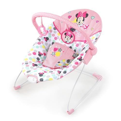 Bright Starts Sdraietta Disney Baby MINNIE MOUSE Seggiolino per neonati in peluche con vibrazioni calmanti Barra di giochi rimovibile, 0-6 mesi (Spotty Dotty)