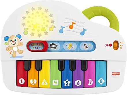 Fisher Price Pianoforte di Cagnolino Ridi & Impara, Pianoforte Giocattolo Portatile con Luci, Musica, Versi degli Animali,Educativi, 6+ Mesi, Edizione Inglese+Italiano+Portoghese+Spagnolo, HHX13