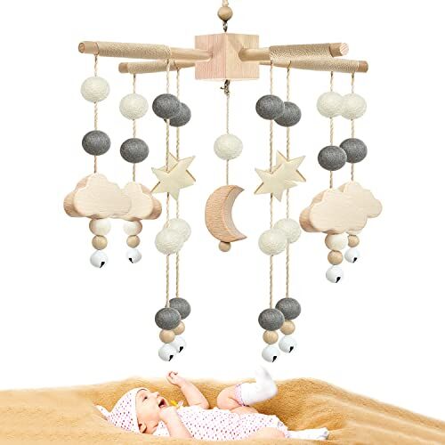 KOUHA Carillon del Vento del Bambino Baby Campanelli Eolici con Palline in Feltro Culla Neonato Legno per Culla Decorazione e Cameretta